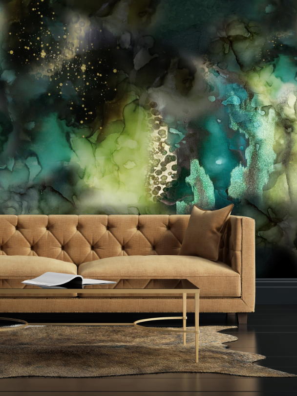 Vivian Ferne Oversized Wall Mural, Wallpaper, Wallpaper Wall Mural, Oversized Wallpaper Wall Mural, Vibrant Wallpaper, Vibrant Wall Mural, Maximalist Wall Mural, Vibrant Wall Art, Nursery Wallpaper, Office Wallpaper, Living Room Wallpaper, Gold Accent Wall, Gold Wallpaper, Silver Wallpaper, Silver Accent Wall, Green Wallpaper, Black Wallpaper, Green Accent Wall, Black Accent Wall, Dark Wallpaper, Tan Couch, Beige Couch, Gold Coffee Table, Gold Accent Table, Living Room Decor