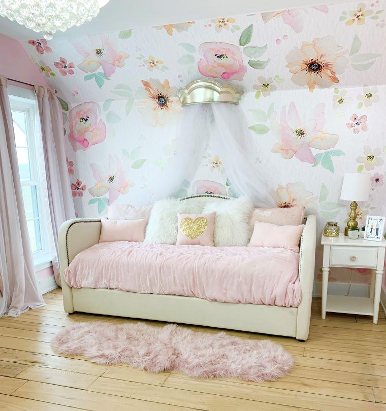 Vivian Ferne Oversized Wall Mural, Wallpaper, Wall Mural, Vibrant Wallpaper, Vibrant Wall Mural, Maximalist Wall Mural, Vibrant Wall Art, Nursery Wallpaper, Office Wallpaper, Living Room Wallpaper, Bedroom Wallpaper, Bathroom Wallpaper, Gold Accent Wall, Gold Wallpaper, Silver Wallpaper, Silver Accent Wall, Kids Bedroom, Floral Wallpaper, Gold Bed, Kids Bed, Pink Rug, Pink Curtain, Kids Chandelier, Kids Decor, White Side Table