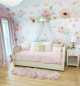 Vivian Ferne Oversized Wall Mural, Wallpaper, Wall Mural, Vibrant Wallpaper, Vibrant Wall Mural, Maximalist Wall Mural, Vibrant Wall Art, Nursery Wallpaper, Office Wallpaper, Living Room Wallpaper, Bedroom Wallpaper, Bathroom Wallpaper, Gold Accent Wall, Gold Wallpaper, Silver Wallpaper, Silver Accent Wall, Kids Bedroom, Floral Wallpaper, Gold Bed, Kids Bed, Pink Rug, Pink Curtain, Kids Chandelier, Kids Decor, White Side Table
