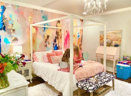 Vivian Ferne Oversized Wall Mural, Wallpaper, Kids Wallpaper, Vibrant Wallpaper, Vibrant Wall Mural, Kids Wall Mural, Kids Wall Art, Nursery Wallpaper, Kids Bedroom Wallpaper, Kids Room Wallpaper, Bedroom Wallpaper, Bathroom Wallpaper, Gold Accent Wall, Gold Wallpaper, Silver Wallpaper, Silver  Accent Wall, Pastel Wallpaper, Rainbow Wallpaper, Canopy Bed, Pink Bedroom, Kids Canopy Bed, White Chandelier, Bedroom Chandelier