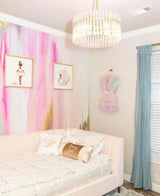 Vivian Ferne Oversized Wall Mural, Wallpaper, Kids Wallpaper, Vibrant Wallpaper, Vibrant Wall Mural, Kids Wall Mural, Kids Wall Art, Nursery Wallpaper, Kids Bedroom Wallpaper, Kids Room Wallpaper, Bedroom Wallpaper, Bathroom Wallpaper, Gold Accent Wall, Gold Wallpaper, Pastel Wallpaper, Pink Wallpaper, Pink Bedroom, Kids Bedroom, Ballet, Ballerina, Gold Frame, Swan, Gold Chandelier, Blue Curtains, Teal Curtains, Ballet Shoes, Ballet Slippers, Pink Sheets, Pink Bed, Gold Pillow