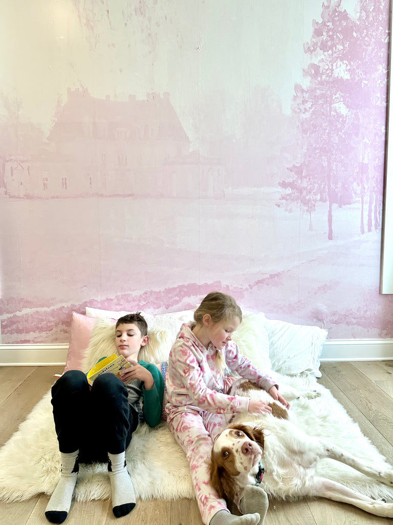 Vivian Ferne Oversized Wall Mural, Wallpaper, Kids Wallpaper, Vibrant Wallpaper, Vibrant Wall Mural, Kids Wall Mural, Kids Wall Art, Nursery Wallpaper, Kids Bedroom Wallpaper, Kids Room Wallpaper, Bedroom Wallpaper, Bathroom Wallpaper, Gold Accent Wall, Gold Wallpaper, Silver Wallpaper, Silver  Accent Wall, Pastel Wallpaper, Pink House, House Design, Farm Decor, Pink Furry Rug, Brittany Spaniel, Book Nook, Kids Reading Space