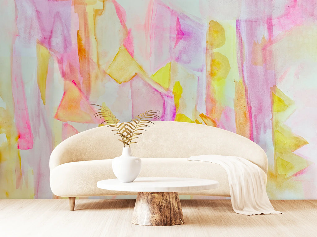 Pinks, yellows, peaches, fuchsias and purples fill this interior wallpaper design for a modern natural look. This design is rustic, refined and ready to be the centerpiece of any living room decor inspiration.