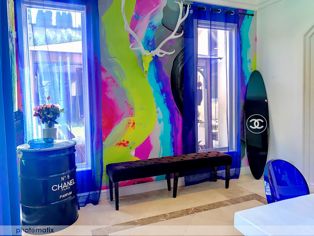 vivian ferne aloha wallpaper customer photo, airbnb design, airbnb wallpaper, rainbow interior decor