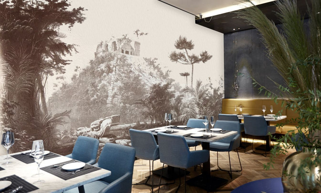 Full room view of a restaurant historical wall mural