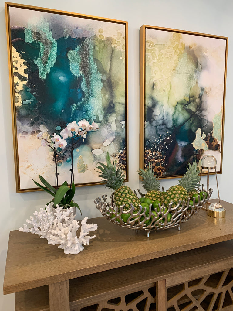 Set of Gold and green abstract canvas above table