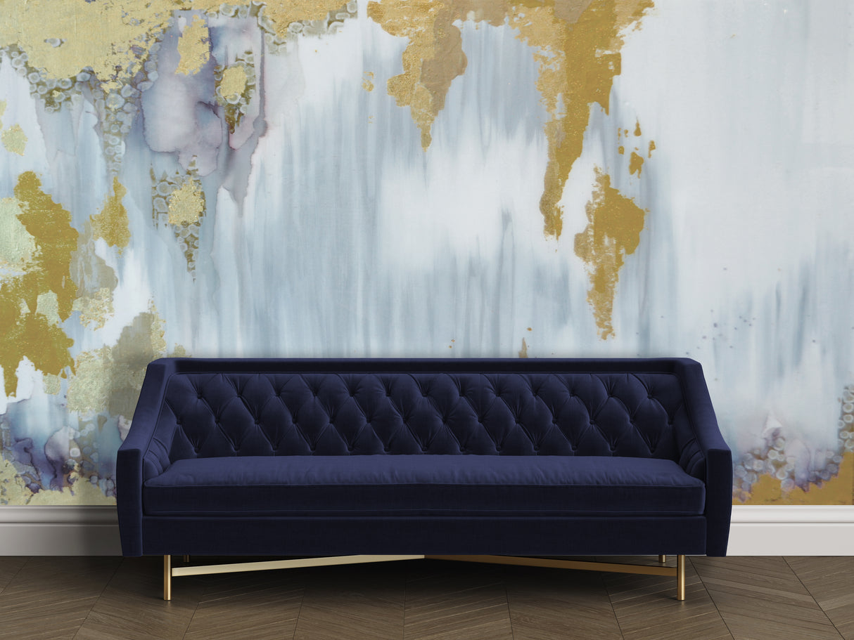 abstract natural grey wall mural behind navy blue sofa