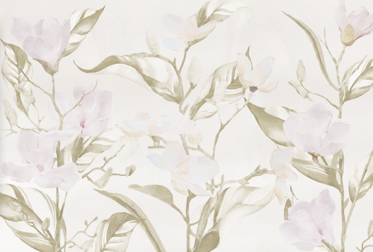 Full image of luxury wallpaper design, Pink Magnolia. Calming tones and hues and muted pinks make this design perfect for living rooms, dining rooms or bedrooms.