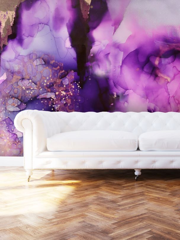 Purple Wall art behind white sofa
