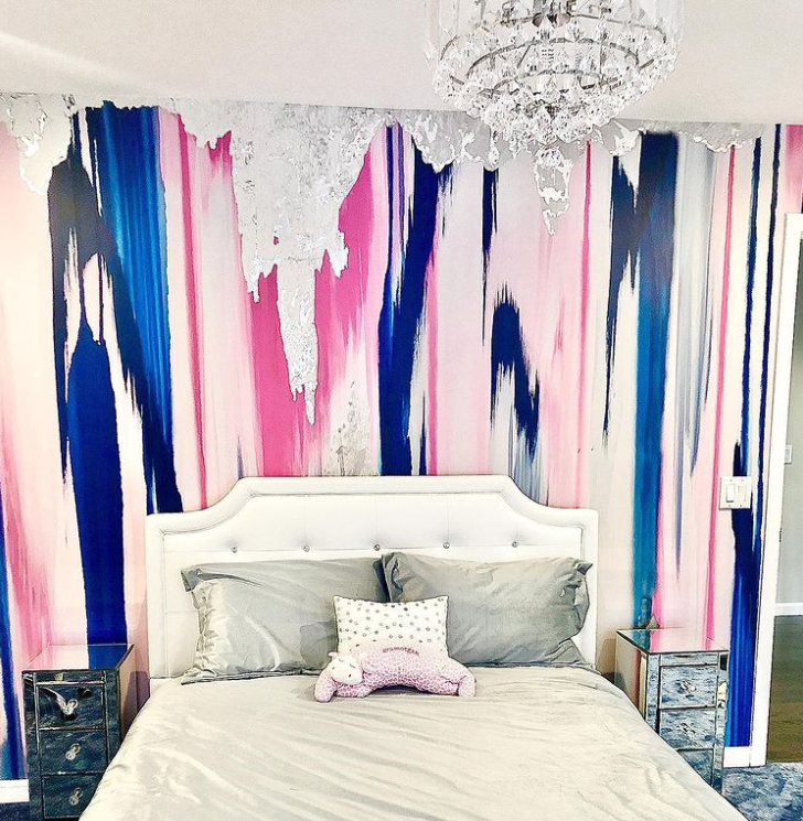 Custom Plumeria pink blue and silver bedroom wall mural accent wall