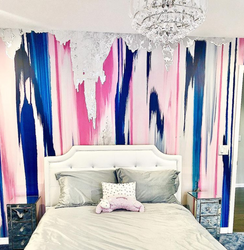 Custom Plumeria pink blue and silver bedroom wall mural accent wall