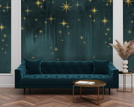 Watercolor Hand Painted Gold and Teal Star Wall Mural Peel and Stick