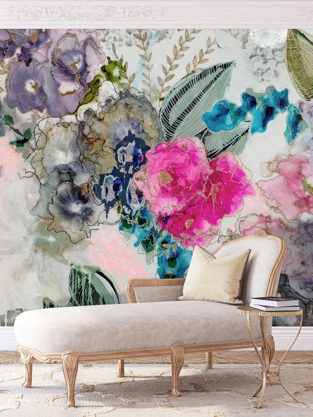 watercolor floral wall mural wallpaper in French interior decor